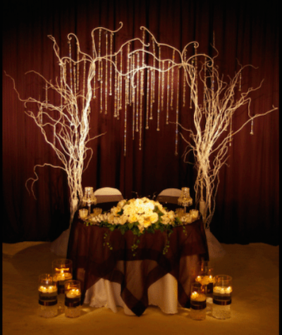 Whimsical tree branches, crystals and lighting create a fabulous setting for a sweet heart table <br>Image provided by The Finishing Touch Event Design
